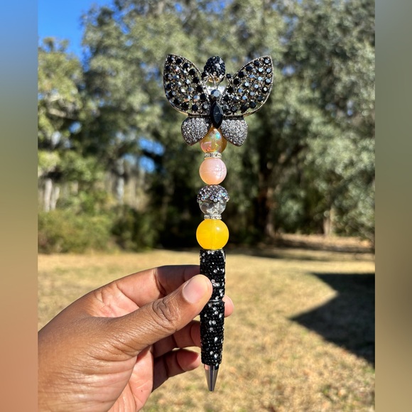 Accessories - Custom Made Black Rhinestone Butterfly Beaded Pen